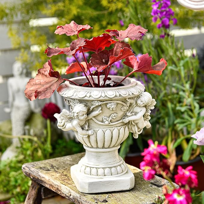 Sungmor Garden Cherub Urn Planter, Lovely Resin Angel Statue Flower Pots, Vintage European Style Planter, Rustic White Whimsy Fairy Decorative Plant Pot, Beautiful Pot for Indoor Outdoor Flowers-Ruum Studio Home