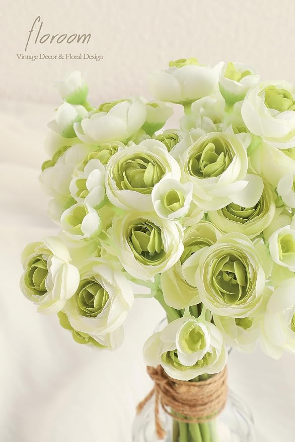 Floroom Ranunculus Artificial Flowers 18 Pcs Green Faux Silk Mini Ranunculus Bulk Fake Wedding Filler Flowers for DIY Bouquets, Centerpieces, Bridal Shower Decorations & Arrangements-Ruum Studio Home