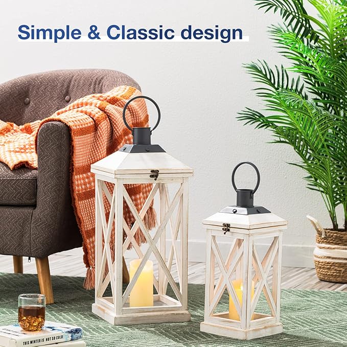 Glitzhome Mondern Farmhouse Wooden Lantern Hanging Decorative Candle Lantern for Outdoor & Indoor Wash White Set of 2 (No Glass)-Ruum Studio Home