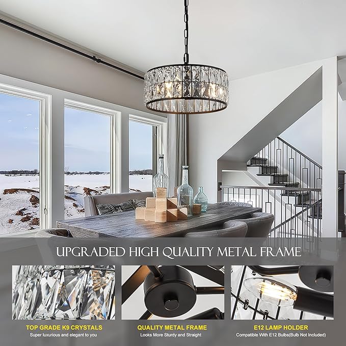 12” 3-Light Modern Crystal Chandeliers Black Dinning Room Light Fixture, Round Pendant Light Kitchen Island Chandelier, Flush Mount Ceiling Light for Living Room Entryway Bedroom Foyer-Ruum Studio Home
