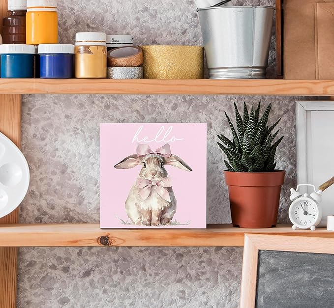 SRADMO Pink Coquette Bow Hello Bunny Wood Box Sign Desk Decor, Bunny Decorations, Easter Theme Wooden Block Box Sign Decoration for Home Office Shelf Table Decor-Ruum Studio Home