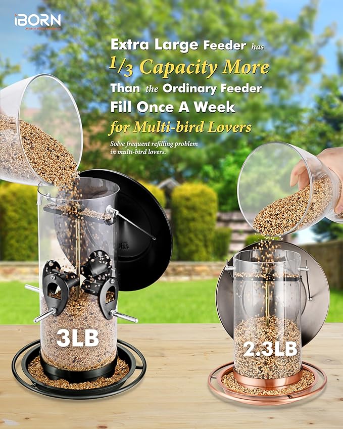 iBorn Metal Bird Feeder for Outside Hanging,Wild Bird Feeders for Cardinal,18cm Large Roof&Tray Black 10 Port(Seed is not Included)-Ruum Studio Home