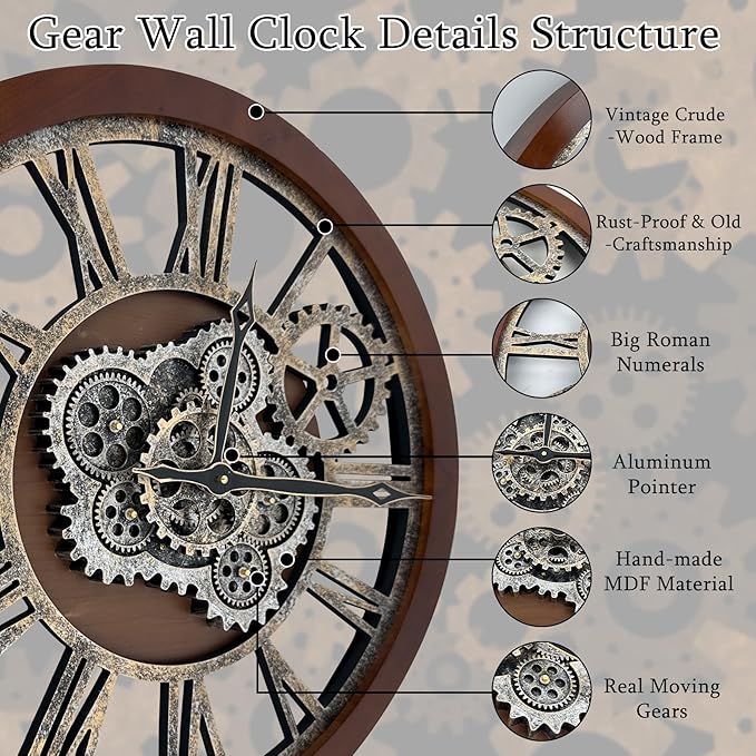 HOIBAI Large Wall Clock, 24 Inch Wall Clocks for Living Room Decor Farmhouse Vintage Rustic Kitchen Wall Decor Vintage Roman Big Oversized Wall Clock for Home Bedroom House Office, Moving Gears Clock-Ruum Studio Home