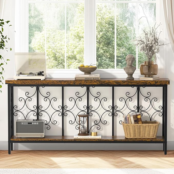 ikkle 70.9" Extra Long Console Table, Industrial Narrow Sofa Table Behind Couch with 2 Tier Storage Shelf, Entryway Hallway Accent Table for Living Room, Foyer, Rustic Brown-Ruum Studio Home