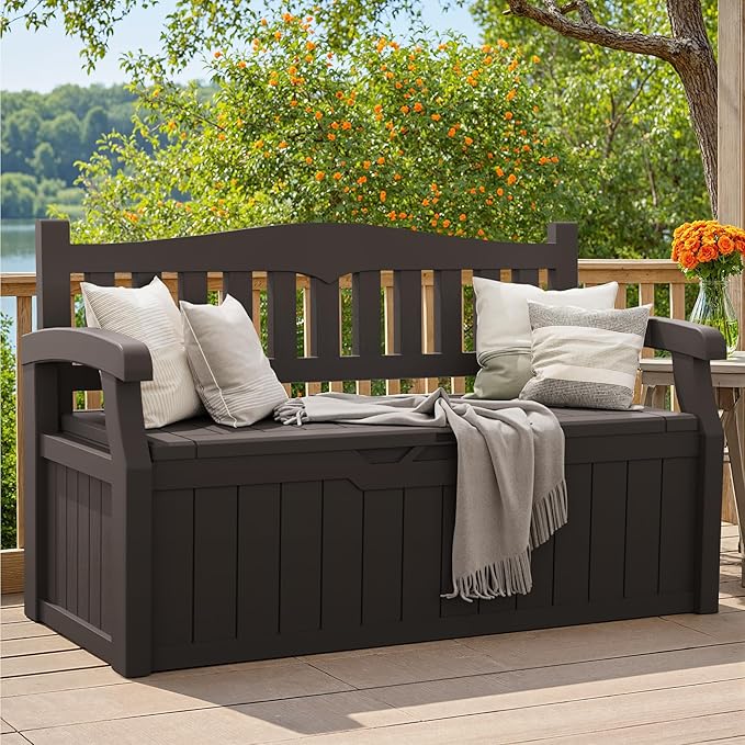 Greesum 80 Gallon Storage Bench Outdoor Deck Box with Armrest, Patio Furniture,Lockable, Waterproof and UV Resistant, Suitable for Garden, Pool, Brown-Ruum Studio Home