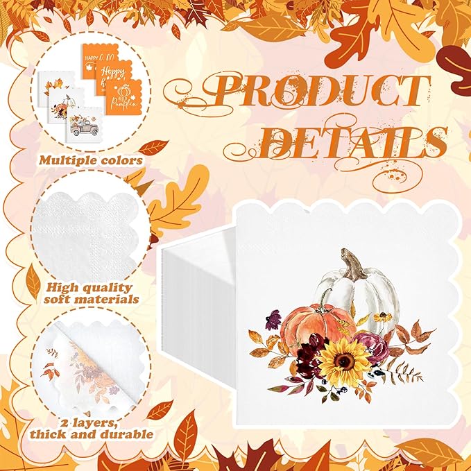 150 Pcs 5 x 5 Inches Fall Thanksgiving Paper Napkins Autumn Pumpkin Scalloped Cocktail Napkins for Decoupage Disposable Autumn Harvest Party Supply Bathroom Table Dessert Dinner Wedding Decor-Ruum Studio Home