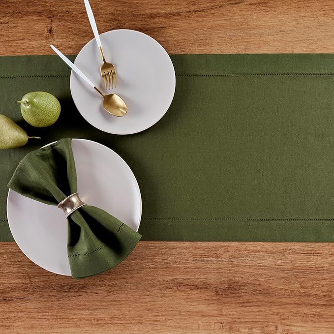 Solino Home Linen Table Runner 36 Inches - 100% Pure Linen Olive Hemstitch Table Runner 14 x 36 Inch Ideal for Dresser and Coffee Tables - Classic Hemstitch - Thanksgiving-Ruum Studio Home