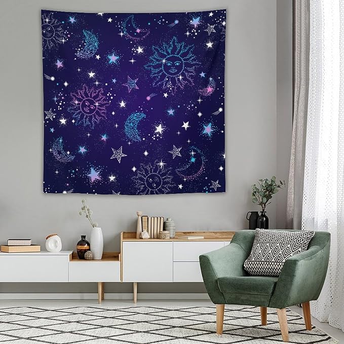 HZOHNAGO Boho Sun Moon Tapestry Purple Blue Sun Stars Galaxy Pattern Printed Wall Tapestry Wall Hanging for Bedroom Living Room Dorm 60" W x 60" H-Ruum Studio Home