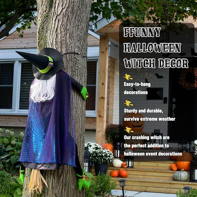 POPGIFTU 64" Large Crashing Witch into Tree Halloween Outdoor Decoration – Funny Flying Witch Yard Prop for Porch, Garden & Lawn, Weather-Resistant Halloween Decor-Ruum Studio Home