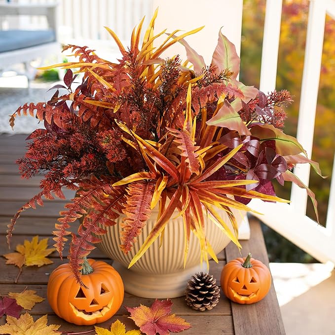 Artificial Fall Plant Large Bunches Greenery Plants Fake Plastic Leaves with Stems UV Resistant Outside Faux Plants Bushes for Autumn Outdoor Patio Garden Front Porch Yard Decor (Fall Color)-Ruum Studio Home