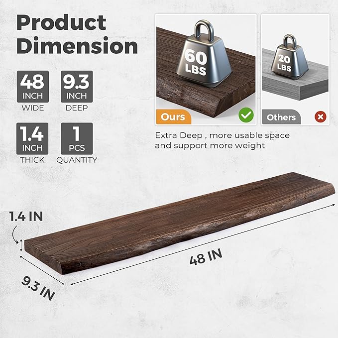 RICHFOCUS Live Edge Elm Floating Shelves - 48" W x 9.3" D Rustic Solid Wood Wall Shelves with Invisible Bracket, Wall-Mounted for Living Room, Bedroom, Kitchen Storage & Display, Set of 1, Walnut-Ruum Studio Home