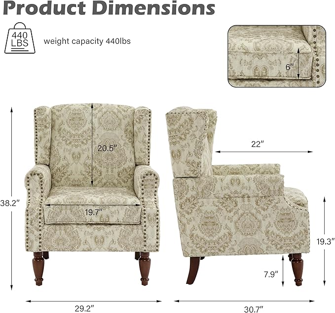 UIXE High Back Floral Accent Chairs Set of 2, Upholstered Armchair in Fabric, Retro Printed Wingback Arm Chair for Living Room, Nailhead Trim Single Sofa Bedroom Reading Seat - White-Ruum Studio Home