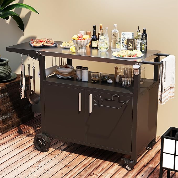 Vongrasig Grill Cart with Storage, Outdoor Bar Cart Rolling BBQ Cart Movable Pizza Oven Table Stand with Foldable Stainless Steel Top & Storage Cabinet, Black-Ruum Studio Home