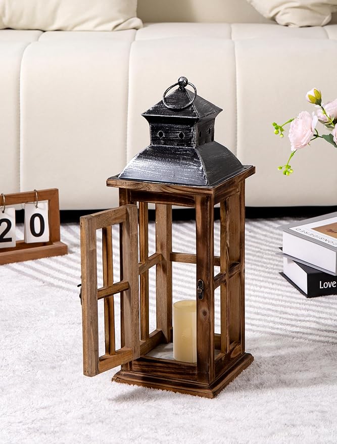 Large Farmhouse Decorative Wooden Lanterns Set of 2, Rustic Burnt Wood Floor Lanterns, Indoor/Outdoor Hurricane Lanterns for Home Decor (No Glass)-Ruum Studio Home