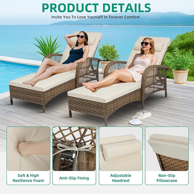 VIVIJASON Outdoor Wicker Chaise Lounge Chair, All-Weather PE Rattan Cushioned Patio Lounger Chair, 6-Position Adjustable Pool Sunbathing Recliner with Armrest & Pillow for Poolside Deck Yard, Beige-Ruum Studio Home