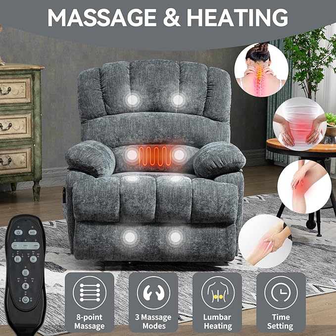Power Lift Chair with Vibration Massage and Lumbar Heat for Elderly, Electric Recliner Chair Max 155° with Charging Ports, Blue Gray-Ruum Studio Home