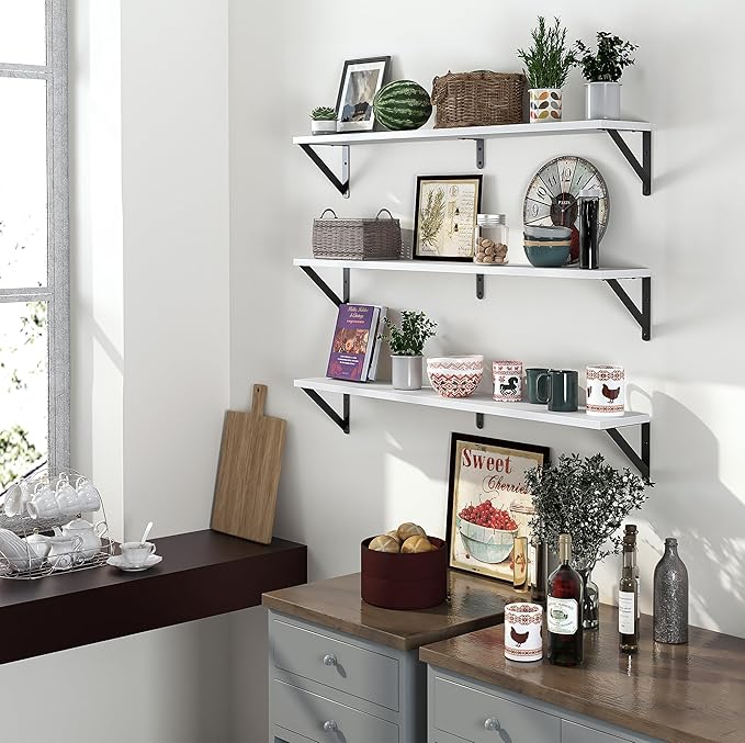 Heimlove Floating Shelves for Wall, 36 Inch Long Wood Floating Bookshelf Set of 3, Wall Mounted Hanging Shelf for Bathroom Bedroom Kitchen, White-Ruum Studio Home