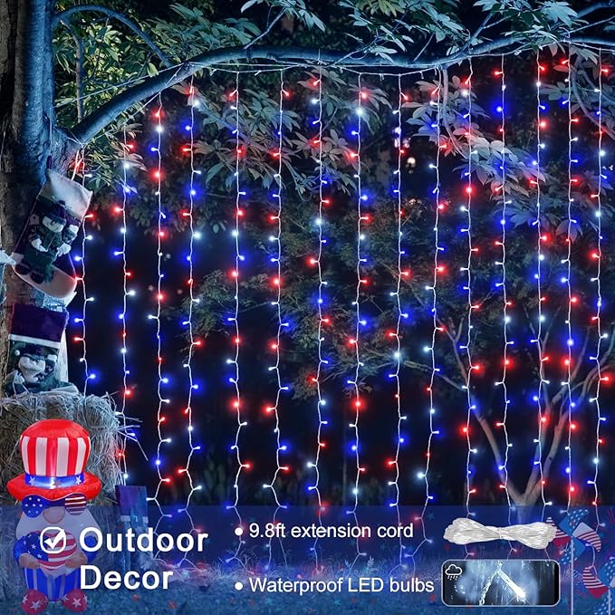 JMEXSUSS 300LED Red White and Blue Lights with Remote, 4th of July Lights Plug in, Patriots Curtain Hanging String Lights for Bedroom Wall Window Backdrop Indoor Outdoor 4th of July Decor, 9.8x9.8ft-Ruum Studio Home