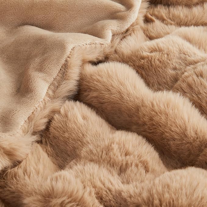 Lotus Karen Faux Fur Throw Blanket Khaki - Big Bubble Rabbit Fluff Blanket for Couch, Small Fluffy Fuzzy Cozy Blanket, Thick Furry Plush Shaggy Blankets, 50x60 Inches-Ruum Studio Home