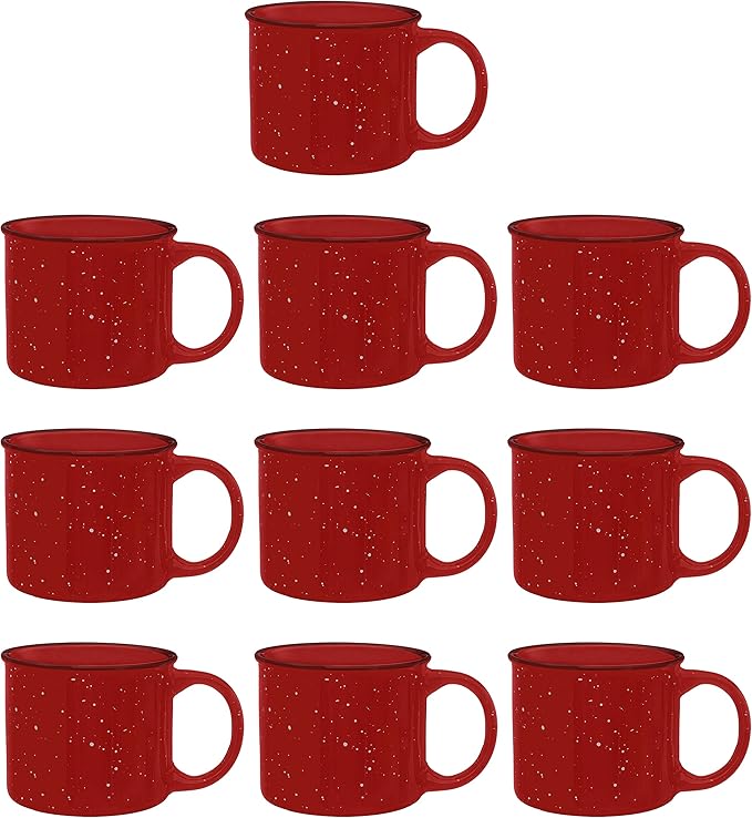 DISCOUNT PROMOS Ceramic Campfire Coffee Mugs 13 oz. Set of 10, Bulk Pack - Perfect for Tea, Espresso, Cappuccino, Hot Cocoa - Red-Ruum Studio Home