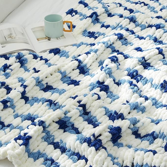 Amélie Home Chunky Knit Throw Blanket for Couch, Soft Chenille Crochet Blanket for Sofa, 50"x60", Space-Dyed Blue Striped-Ruum Studio Home