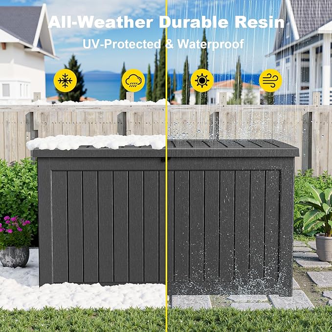 230 Gallon Outdoor Deck Box,Storage Lockable Waterproof Patio Furniture,Garden Tools,Cushions,Pool Accessories Outside Storage Resin Box(Black)-Ruum Studio Home