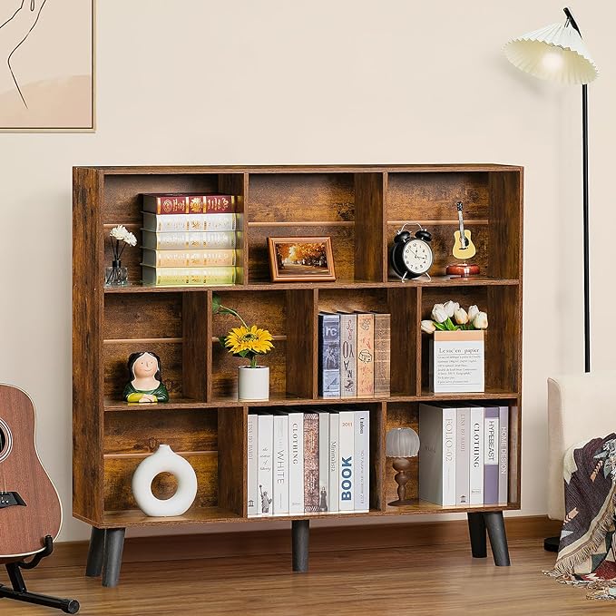 LEYAOYAO 10 Cube Bookshelf,3 Tier Modern Wide Bookcase with Legs,Mid-Century Wood Bookshelves Storage，Brown Large Book Case,Freestanding Organizer Display Shelf for Bedroom,Living Room,Office-Ruum Studio Home