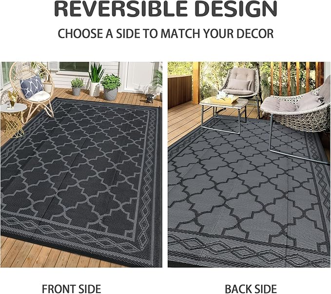 GAOMON Outdoor Rug 9'x12' Waterproof Rug for Patio Decor, Foldable Reversible Plastic Straw Area Rugs Mat for Camper, Outside Carpet for Deck, Porch, Picnic, Beach, Black/Grey(Geometric)-Ruum Studio Home