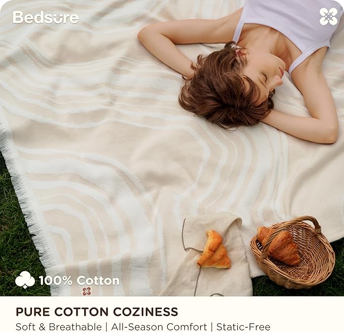 Bedsure 100% Cotton Throw Blanket for Couch - Chenille Woven Textured Blanket Gifts for Women, Cozy and Soft for All Seasons, Home Decor Boho Throw for Bed, Sofa, Oat Milk, 50x60 Inches-Ruum Studio Home