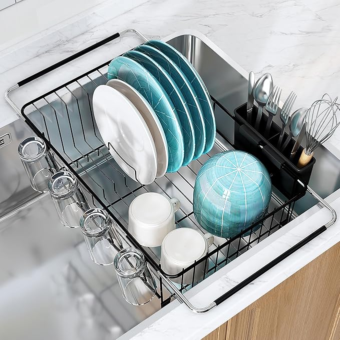 MAJALiS Dish Drying Rack in Sink - Small Dish Drainers for Kitchen Sink, Over The Sink Dish Racks with Utensil Holder, Stainless Steel Dish Rack in Sink, Black-Ruum Studio Home