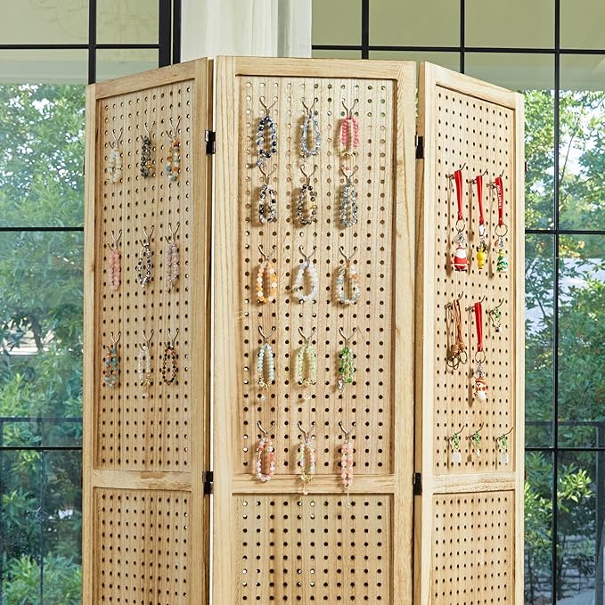‌Room Divider Freestanding Folding Pegboard Privacy Screen | 6-Panel Display Stand for Jewelry, Craft Shows, Retail | Natural Wood, Portable & Space-Saving Design-Ruum Studio Home