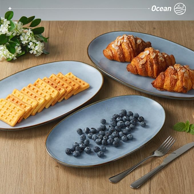 famiware Serving Platter, Oval 15.59/14.3/12.9inch Serving Dishes for Entertaining, Serving Bowls, Reactive Glaze, Stoneware Serving Trays for Party, Food, Turkey, Cheese, Ocean Series, Blue-Ruum Studio Home