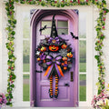Halloween Witch Wreath Door Cover 71x35 Inch Holiday Front Porch Door Banners Decoration Purple Pumpkin Spider Web Bat Background Hanging Banner for Indoor Outdoor Spooky Party Decor-Ruum Studio Home