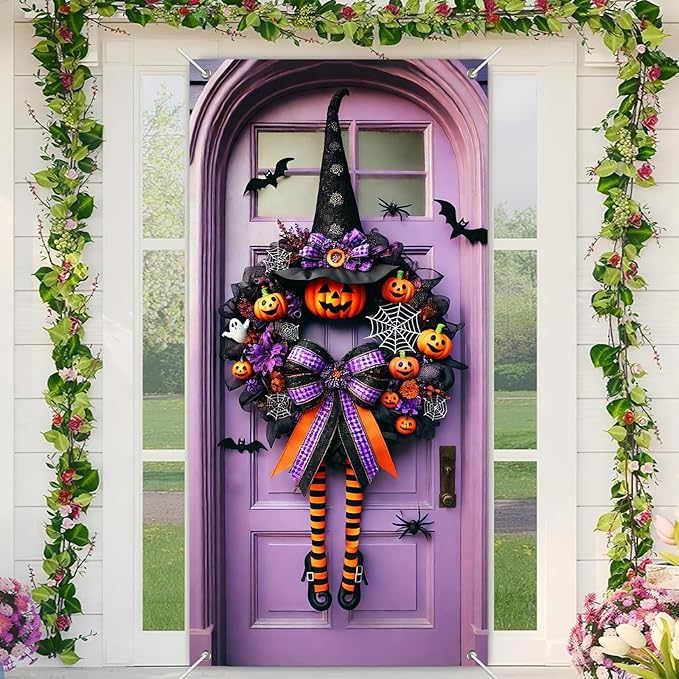 Halloween Witch Wreath Door Cover 71x35 Inch Holiday Front Porch Door Banners Decoration Purple Pumpkin Spider Web Bat Background Hanging Banner for Indoor Outdoor Spooky Party Decor-Ruum Studio Home