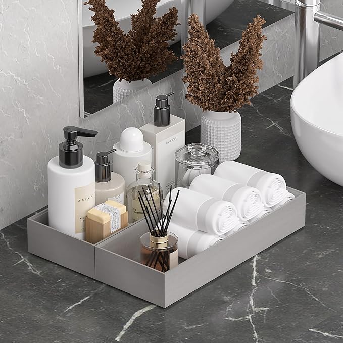 Kitchen Drawer Organizer Bins, Stackable Bamboo Drawer Organizer for Silverware, 2 Pcs Toilet Paper Basket Holder, Wood Bathroom Tray Countertop, Toilet Tank Tray Silver 15" x 6" x 2.5"-Ruum Studio Home