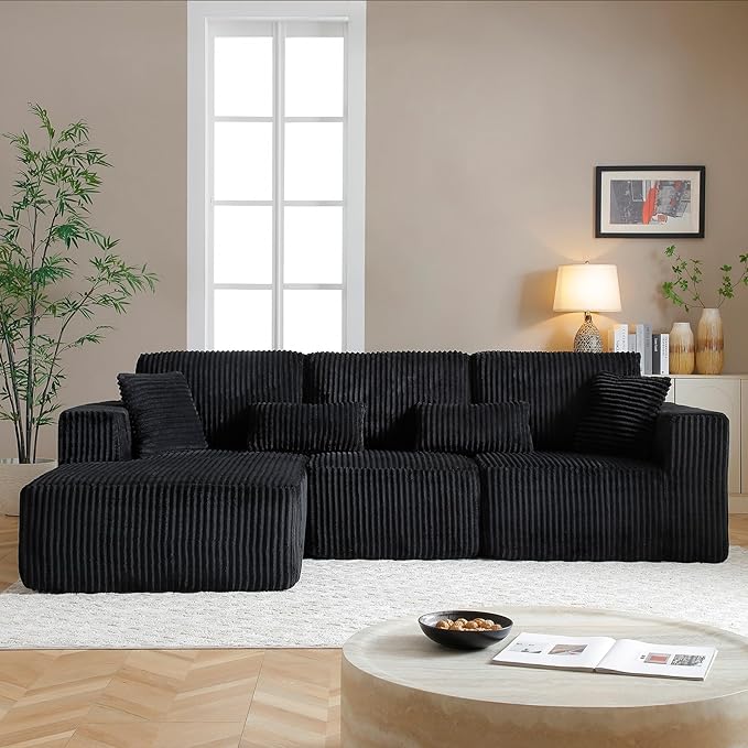 HYJT-H&K Modular Sectional Sofa Cloud Sectional Couch, 107" Comfy Fluffy L Shaped Dark Black Couches for Living Room, Deep Seat Memory Foam Plush Corduroy Boneless Couch Sectionals Left Facing Chaise-Ruum Studio Home