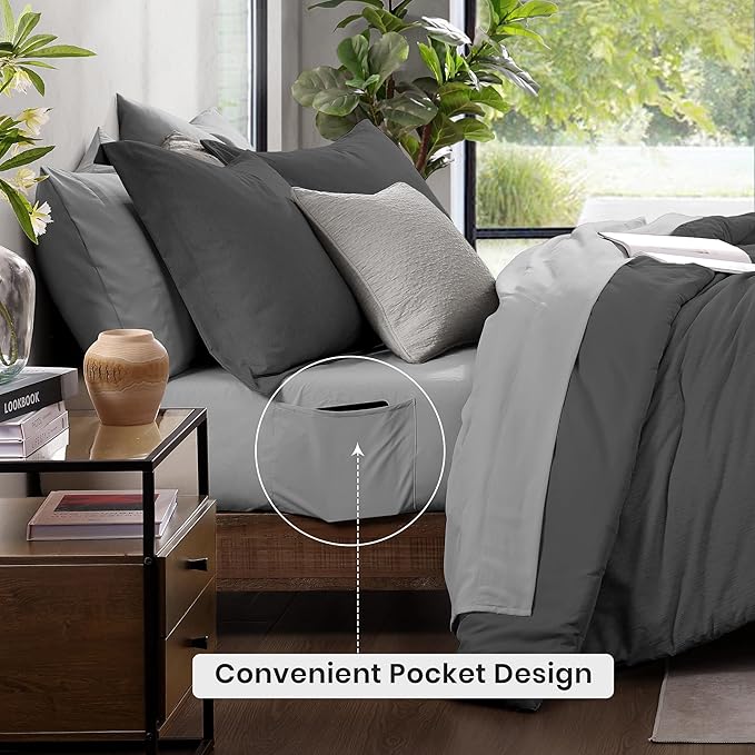 Monbix Queen Comforter Set - 7 Pieces Cationic Dyeing Dark Grey Bed in a Bag Queen Bedding Sets with Comforter, Sheets, Pillowcases & Shams, Reversible Bedding Comforters Sets-Ruum Studio Home