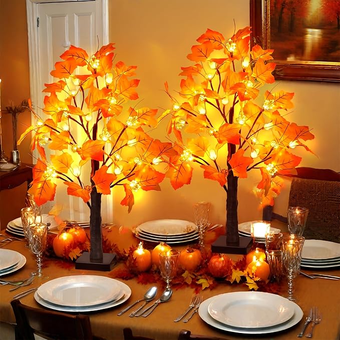 2 Pack 24 Inch Prelit Fall Maple Tree Fall Decor with 48 LED Timer Battery Operated Artificial Fall Light Up Tree Pumpkin Maple Acorn for Fall Thanksgiving Decorations Table Home Indoor Autumn Harvest-Ruum Studio Home