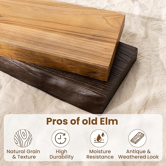 Solid Elm Wood Floating Shelves, 36 Inch Wood Floating Shelves for Wall, Live Edge Wooden Shelves Wall Mounted for Books, Bathroom, Kitchen, Walnut Color, Set of 2-Ruum Studio Home