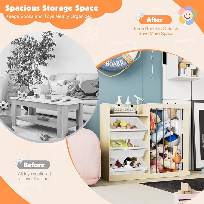 Kids Toy Storage Organizer with 3 Removable Plastic Bins Toddler Montessori Bookshelf with Stuffed Animal Net Holder Baby Bookcase Plush Organizer for Playroom, Bedroom,,Kids Room,Classroom,Nursery-Ruum Studio Home