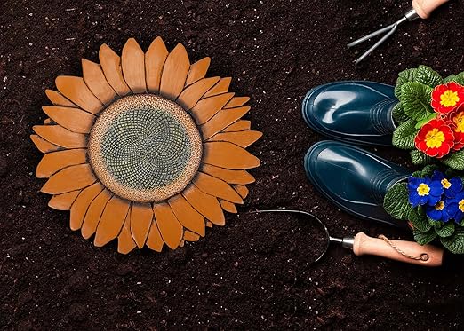 NAT & Jules Sunflower Shaped Dimensional Indoor Outdoor 12 inch Cast Resin Decorative Garden Stepping Stone, Patio, Walkway Sculpture Yard Art, Orange-Ruum Studio Home