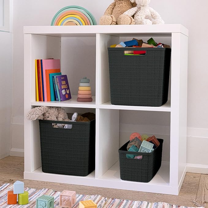 Curver Set of 8 Jute Slim Decorative Plastic Organization and Storage Baskets, Perfect Bins for Home Office, Closet Shelves, Kitchen Pantry and All Bedroom Essentials, Black-Ruum Studio Home