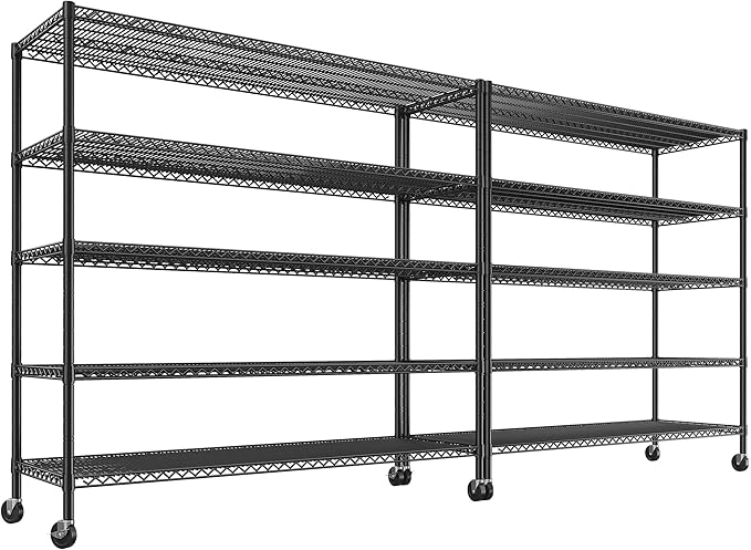REIBII 85.7" H Storage Shelves 2998LBS Metal Shelving Unit with Wheels & Feet, 5 Tier Garage Shelving Heavy Duty Adjustable Wire Shelf for Pantry Kitchen Garage, 85.7" H X 55.5" W X 24.2" D, 2PCS-Ruum Studio Home