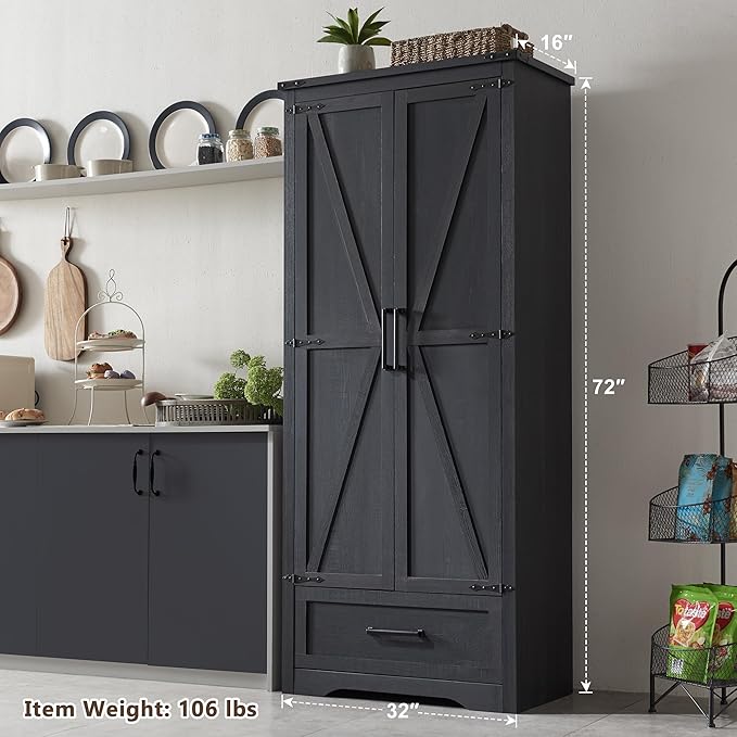 72" Tall Wood Storage Cabinet, Farmhouse Kitchen Pantry Cabinet with Adjustable Shelves & Drawer & Barn Doors, Versatile Storage for Kitchen, Dining Room, Bathroom, Black-Ruum Studio Home