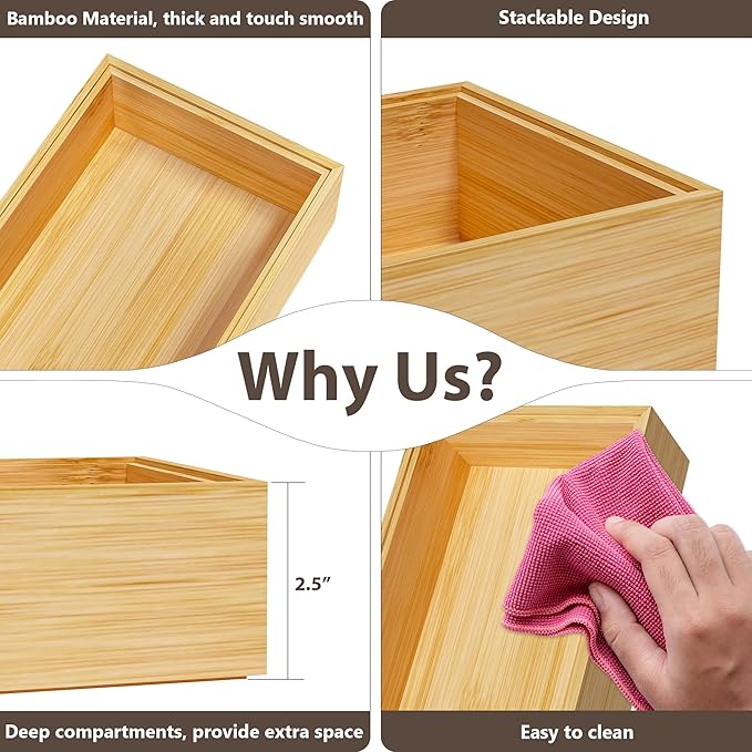Kitchen Drawer Organizer Bins, Stackable Bamboo Deep Drawer Organizer for Silverware, Utensils, Cutlery, Flatware, Junk Drawer, Dresser, Bathroom, 15" x 6" x 2.5" (Set of 2)-Ruum Studio Home