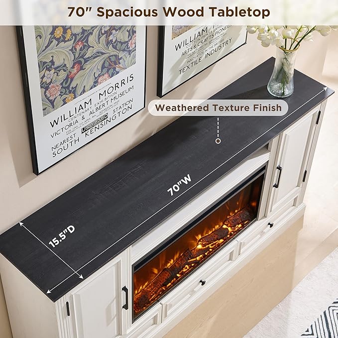 Fireplace TV Stand for 80 Inch TV, 35.7" Tall Farmhouse Entertainment Center W/36'' Electric Fireplace, Media Console with Large Storage Cabinets and Drawers for Living Room, Antique White-Ruum Studio Home