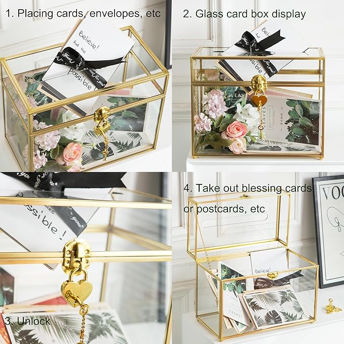 Glass Wedding Card Box with Slot, 10.2 inch Clear Card Box Gold Brass Gift Card Storage Box with Lock Perfect for Wedding Receptions, Baby Shower, Birthday Party, Bridal Shower-Ruum Studio Home