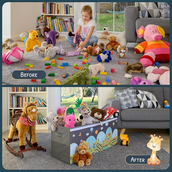 Extra Large Toy Storage Organizer with Lid - Sturdy, Collapsible Toy Chest Storage Box with Cute Design - Toys Bin with Dividers for Kids, Boys, Girls, Nursery, Bedroom, Play room 37"x16"x14"-Ruum Studio Home