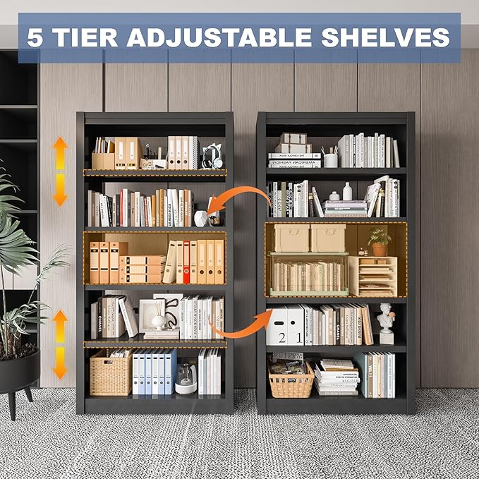 Metal Bookshelf Adjustable - 61" Tall Black Bookcase, 5 Tier Book Shelf, Tooless Assembly Book Case, Modern Bookshelves and Bookcases for Home Office, Living Room, Bedroom, Library-Ruum Studio Home