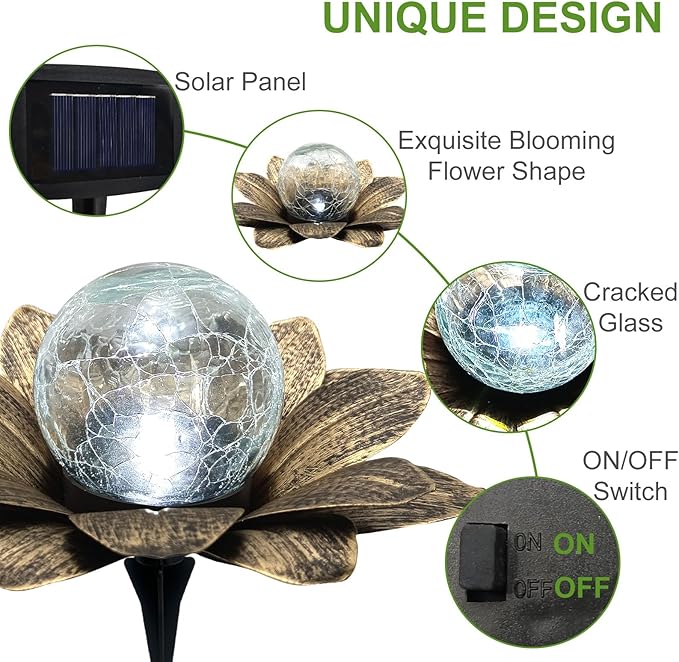 LEWIS&WAYNE Solar Garden Lights Outdoor, 3 Pcs Coppery Lotus Flower Pathway Lamps with Cool White Crackle Glass Globe Led Lights for Patio Pathway Yard Balcony Garden Decorations-Ruum Studio Home